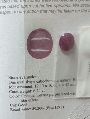 6.24ct Burmese Star Ruby Y&H Gem Services Certificate of Appraisal